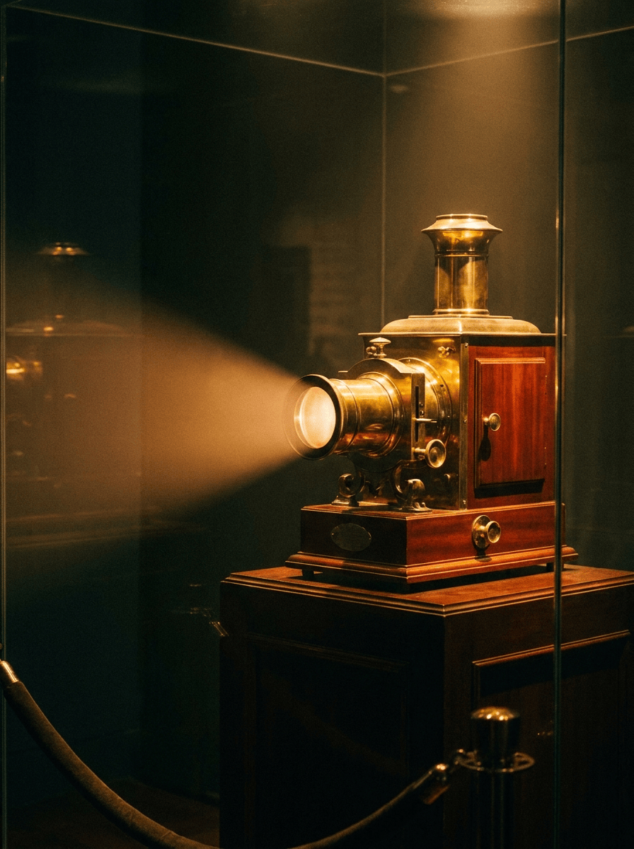 Antique brass magic lantern projecting a warm beam across a dark study