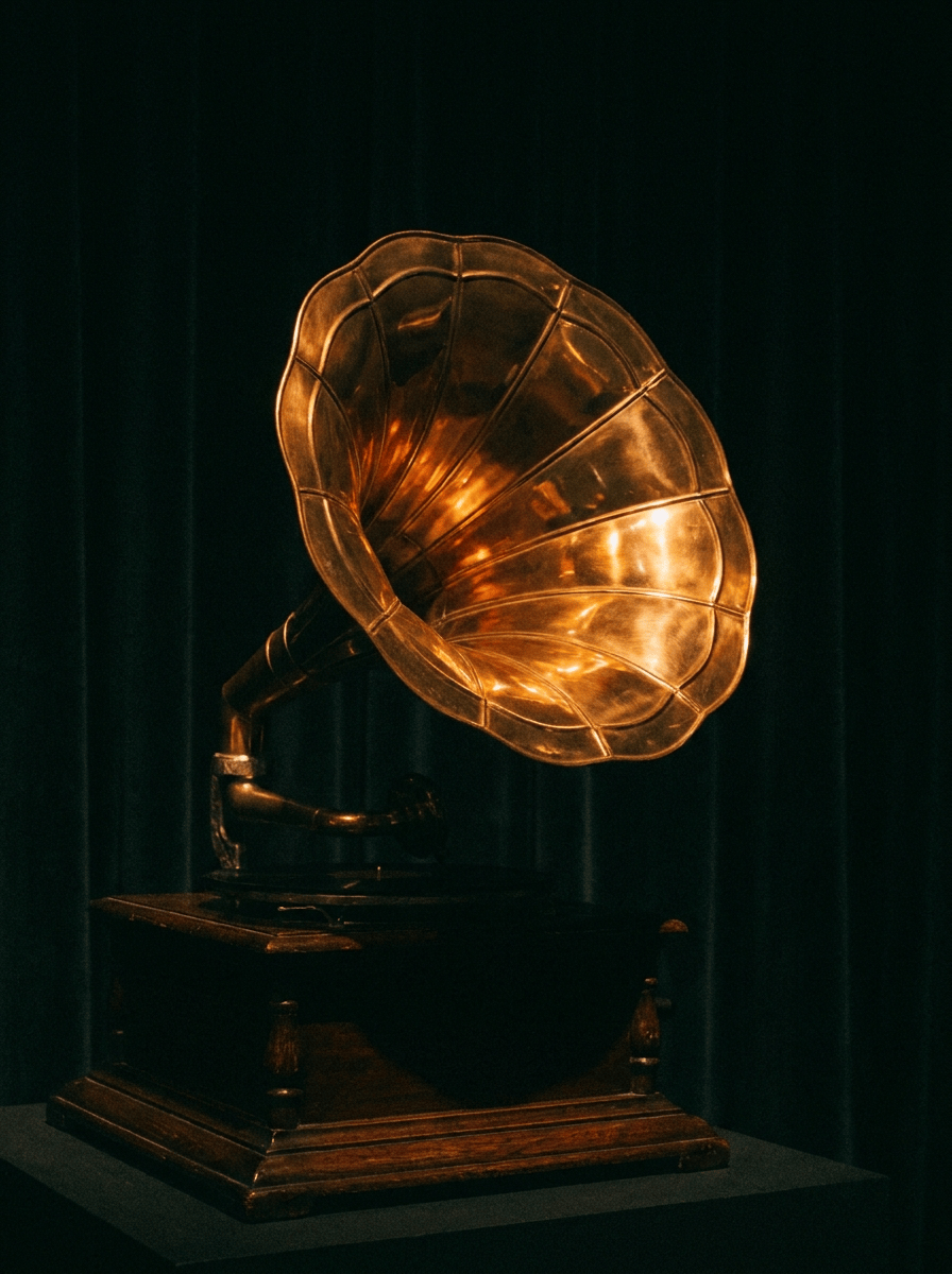 Antique brass phonograph horn catching amber light against near-black