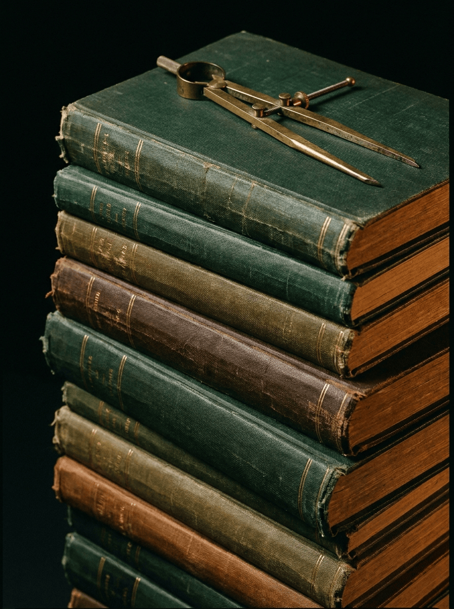 Bound education research journals stacked beside a brass reading lamp