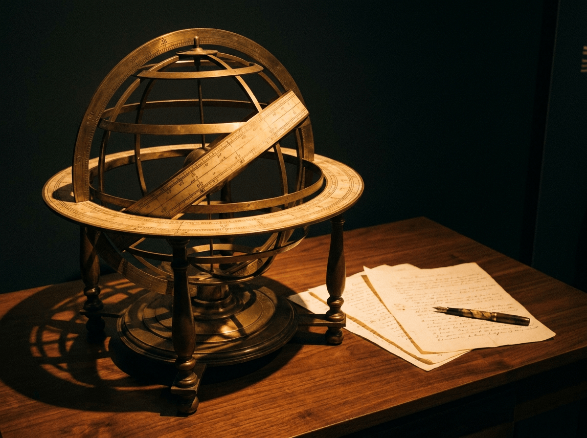 Antique brass armillary sphere on a walnut desk beside handwritten notes