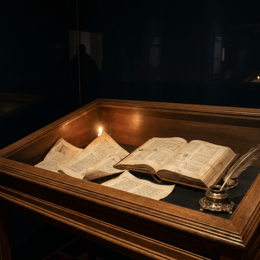 A stack of bound manuscripts and loose course notes in warm lamplight