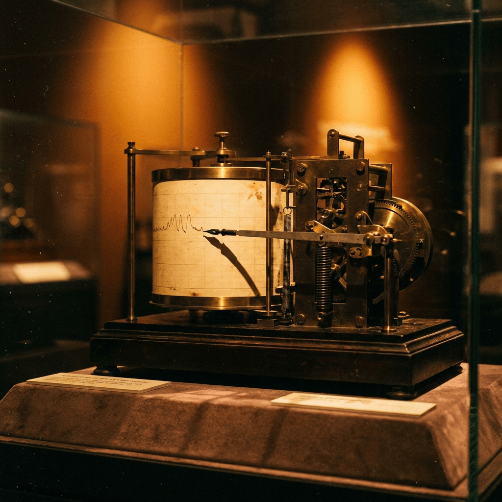 A brass recording instrument with a rotating cylinder and stylus