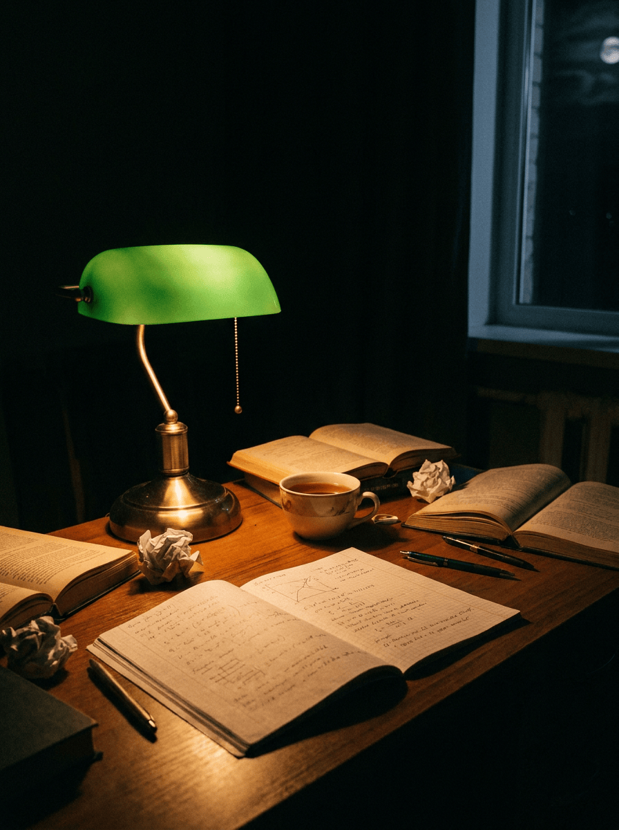 A desk lamp burning after dark over an open notebook and a cooling cup of tea