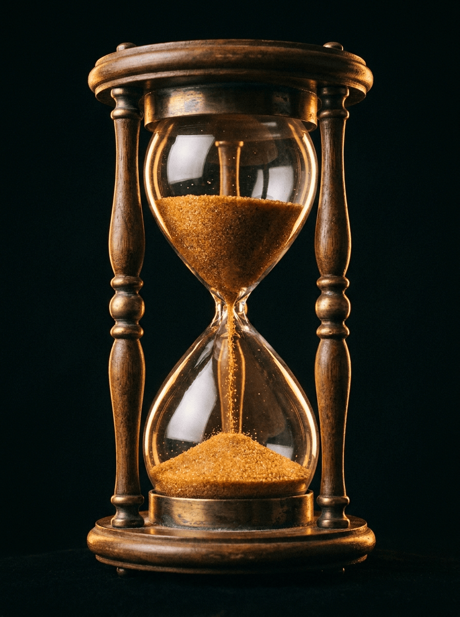 A brass hourglass mid-pour on a desk of marked essays